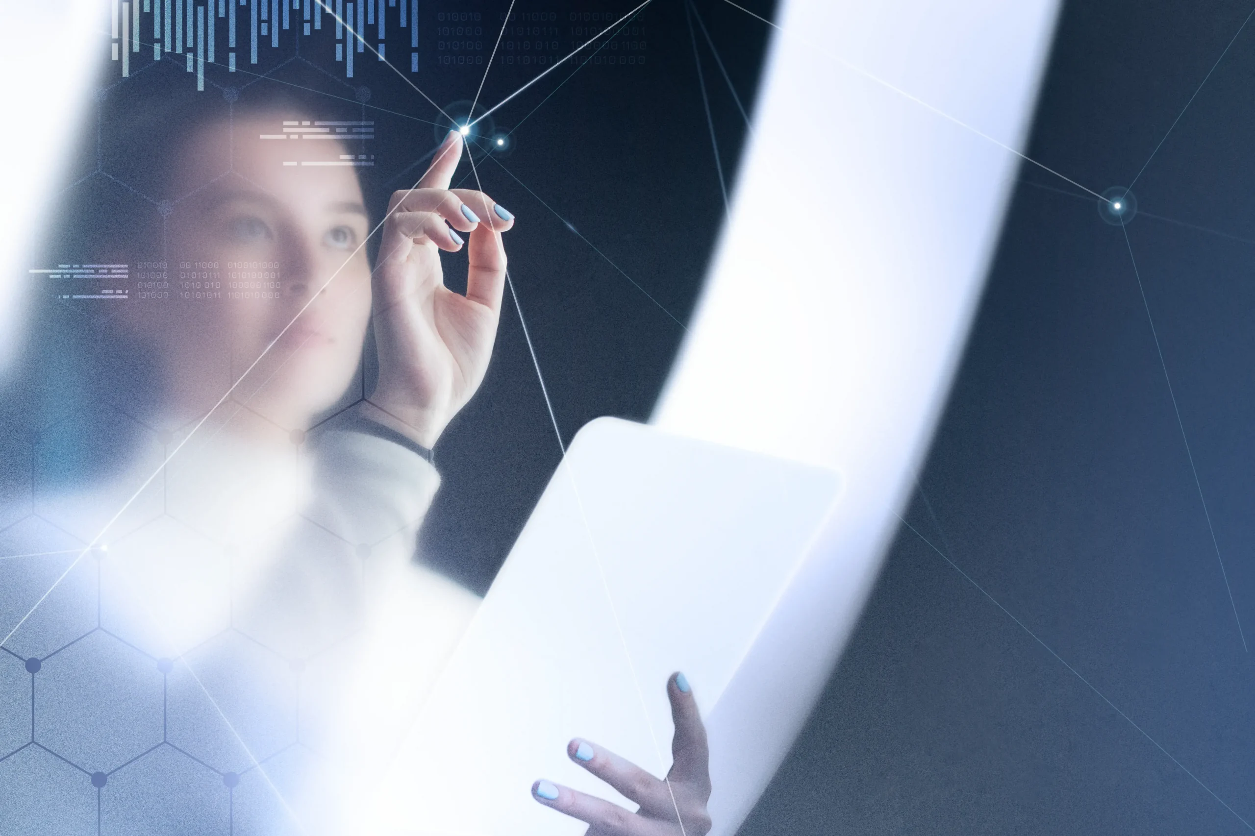 futuristic-networking-technology-remix-with-woman-using-virtual-screen